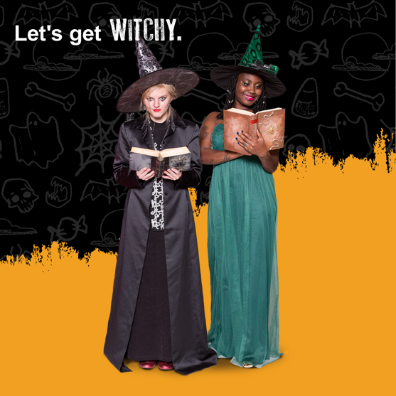 Let's Get Witchy two girls dressed as witches for Halloween